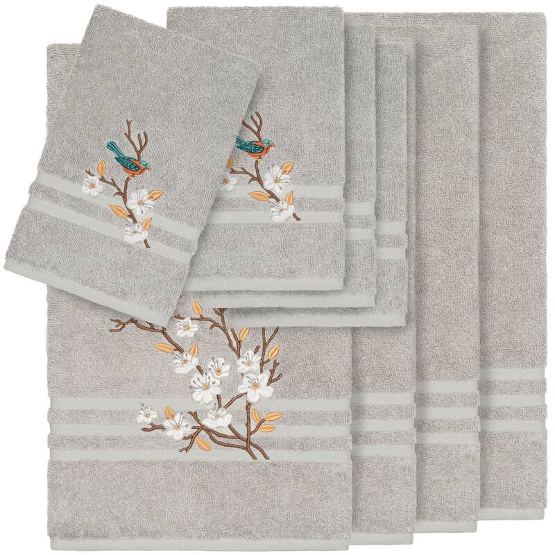 Authentic Hotel and Spa Turkish Cotton Blue Bird Embroidered Light Grey 8-piece Towel Set