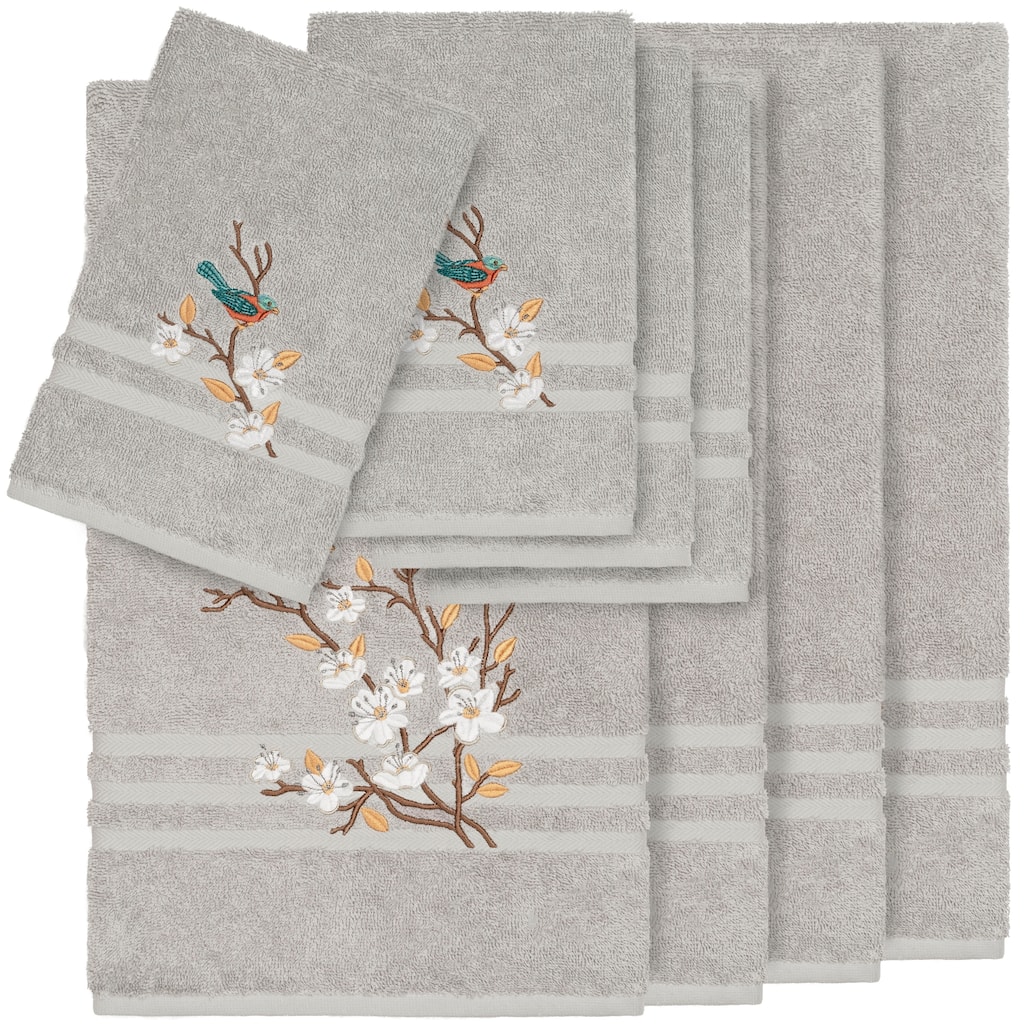 Authentic Hotel and Spa Turkish Cotton Blue Bird Embroidered Light Grey 8-piece Towel Set