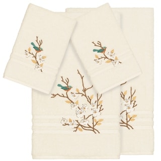 Authentic Hotel and Spa Turkish Cotton Blue Bird Embroidered Cream 4-piece Towel Set