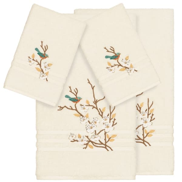 slide 2 of 5, Authentic Hotel and Spa Turkish Cotton Blue Bird Embroidered Cream 4-piece Towel Set
