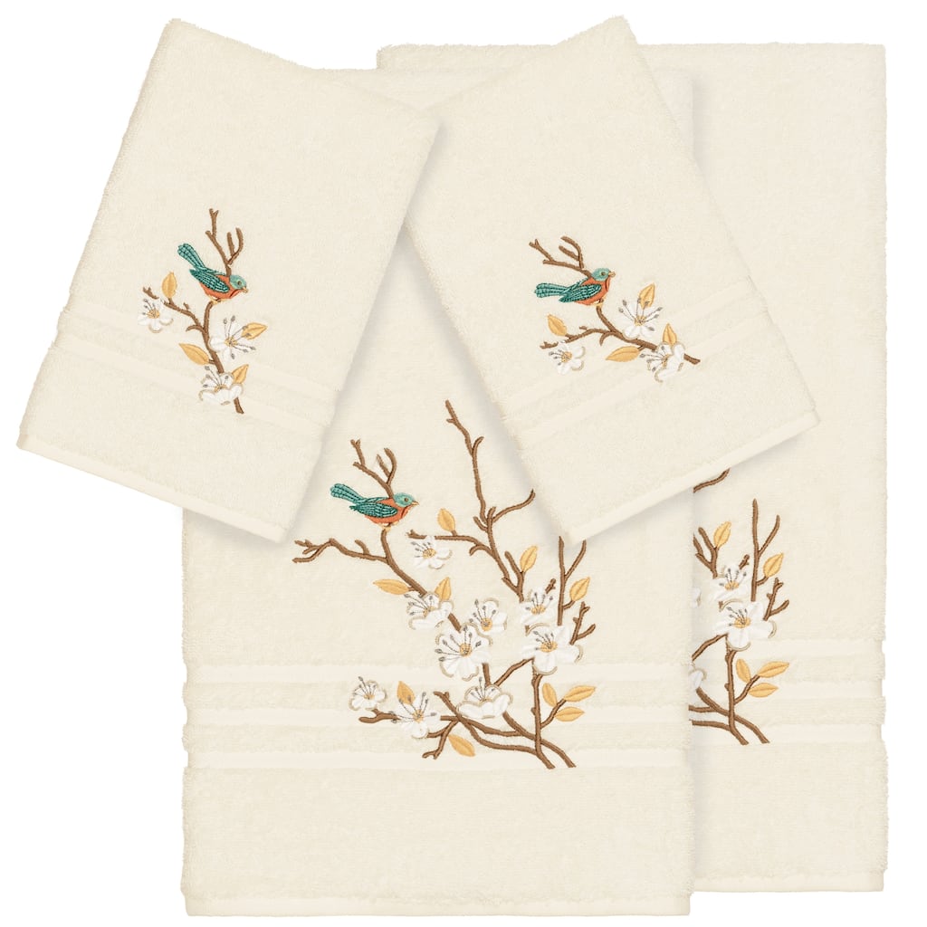 Authentic Hotel and Spa Turkish Cotton Blue Bird Embroidered Cream 4-piece Towel Set