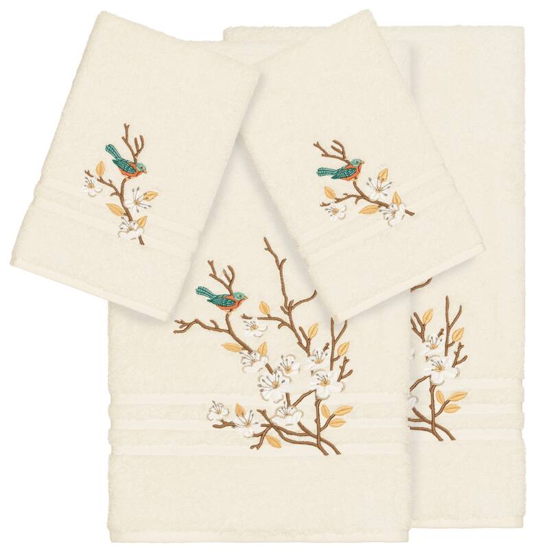 Authentic Hotel and Spa Turkish Cotton Blue Bird Embroidered Cream 4-piece Towel Set