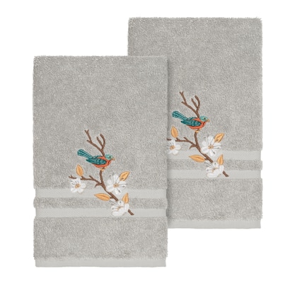 Authentic Hotel and Spa Turkish Cotton Blue Bird Embroidered Light Grey 2-piece Towel Hand Set