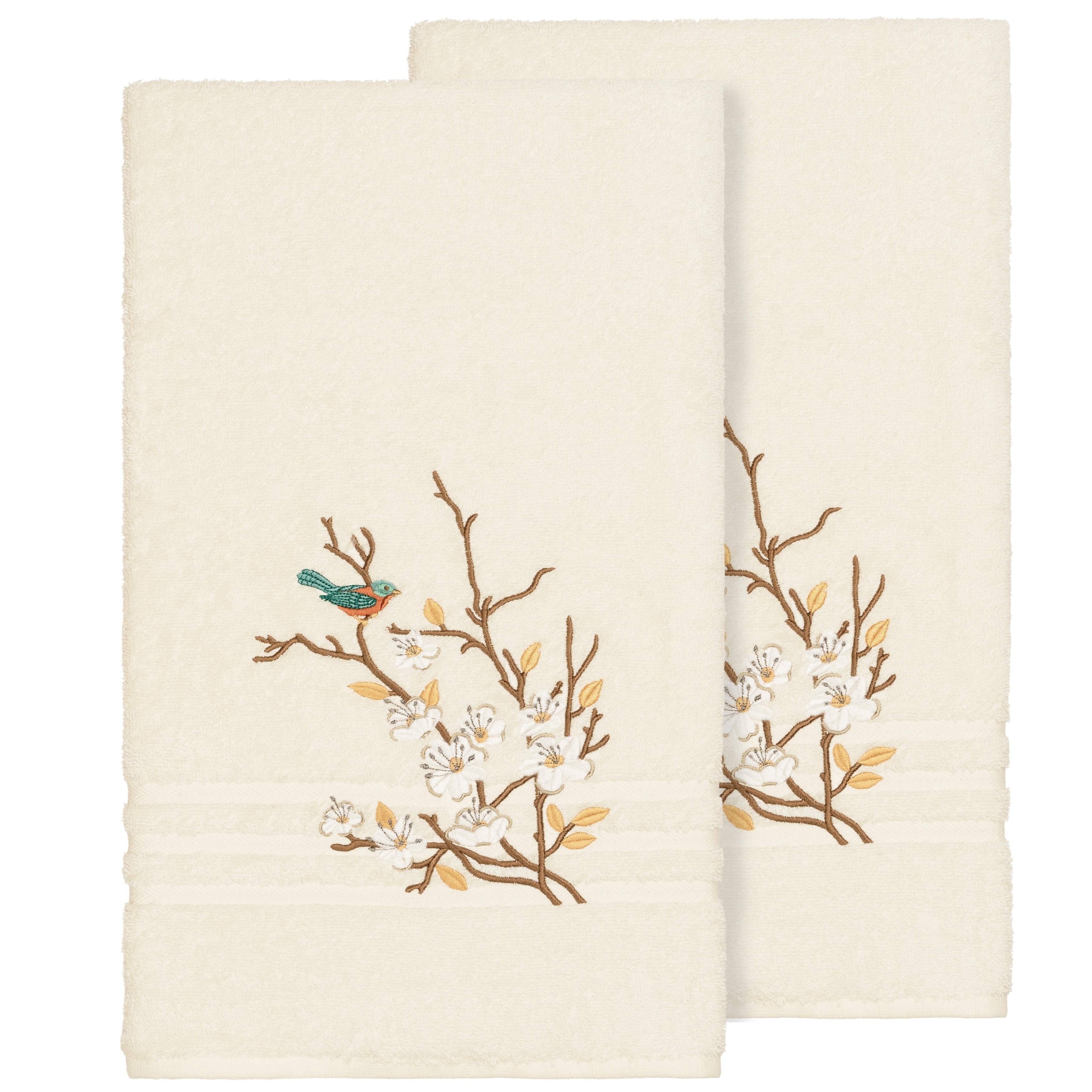 Authentic Hotel and Spa Turkish Cotton Blue Bird Embroidered Cream 2-piece Bath Towel Set