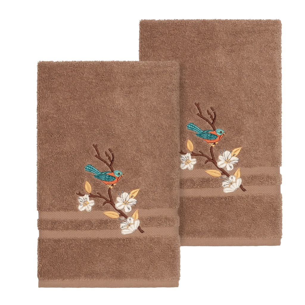Authentic Hotel and Spa Turkish Cotton Blue Bird Embroidered Latte Brown 2-piece Towel Hand Set
