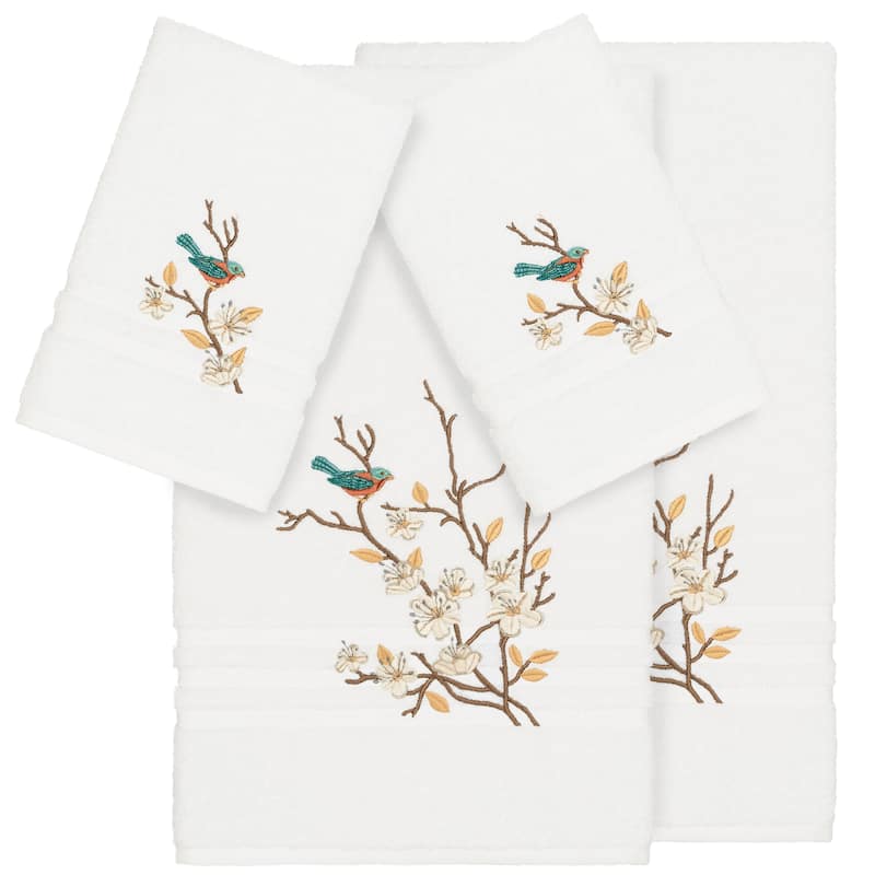 Authentic Hotel and Spa Turkish Cotton Blue Bird Embroidered White 4-piece Towel Set