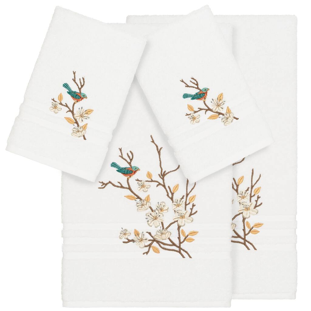 Authentic Hotel and Spa Turkish Cotton Blue Bird Embroidered White 4-piece Towel Set