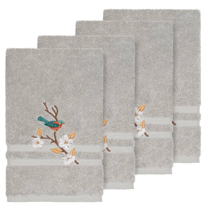 Authentic Hotel and Spa Turkish Cotton Blue Bird Embroidered Light Grey 4-piece Hand Towel Set