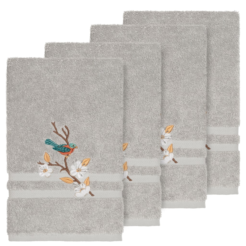Authentic Hotel and Spa Turkish Cotton Blue Bird Embroidered Light Grey 4-piece Hand Towel Set