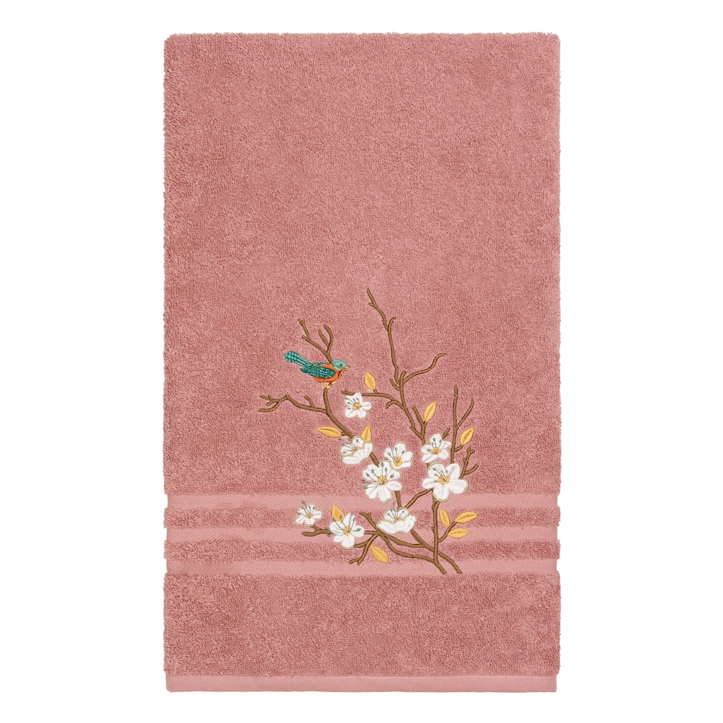 Authentic Hotel and Spa Turkish Cotton Blue Bird Embroidered Tea Rose Bath Towel