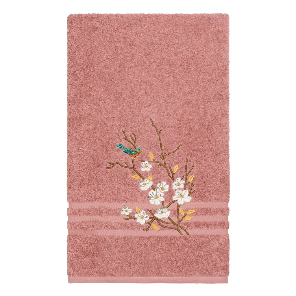 Authentic Hotel and Spa Turkish Cotton Blue Bird Embroidered Tea Rose Bath Towel