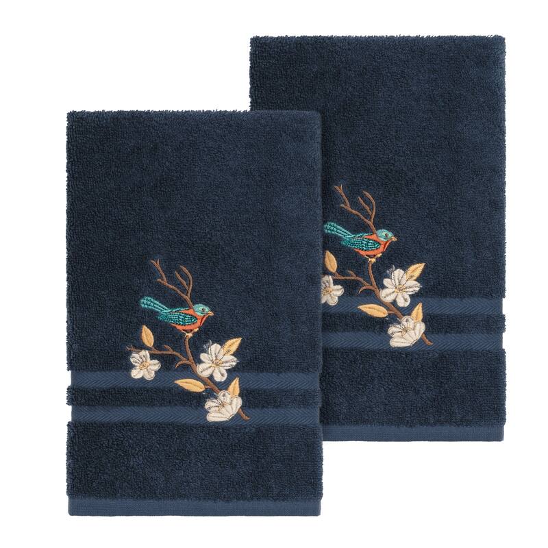 Authentic Hotel and Spa Turkish Cotton Blue Bird Embroidered Midnight Blue 2-piece Towel Hand Set