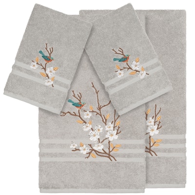 Authentic Hotel and Spa Turkish Cotton Blue Bird Embroidered Light Grey 4-piece Towel Set