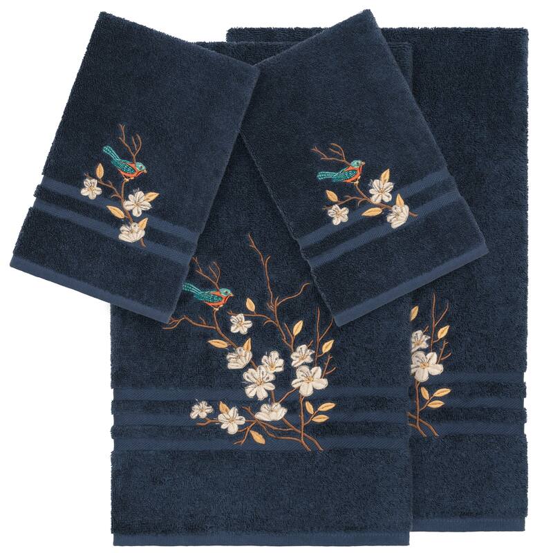 Authentic Hotel and Spa Turkish Cotton Blue Bird Embroidered Midnight Blue 4-piece Towel Set