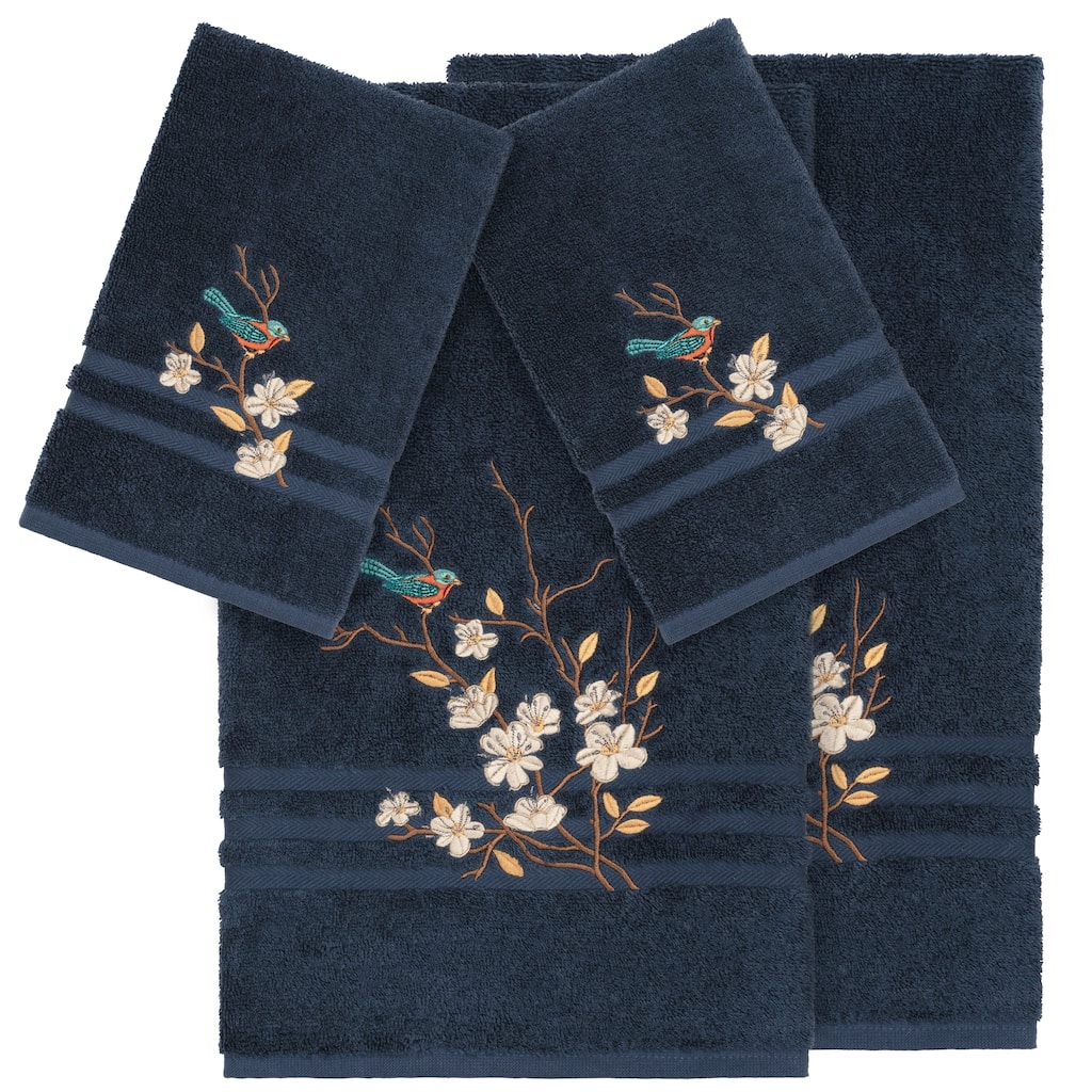 Authentic Hotel and Spa Turkish Cotton Blue Bird Embroidered Midnight Blue 4-piece Towel Set