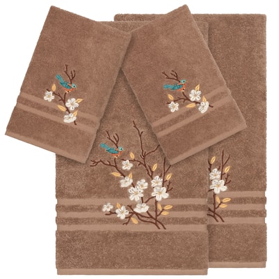 Authentic Hotel and Spa Turkish Cotton Blue Bird Embroidered Latte Brown 4-piece Towel Set