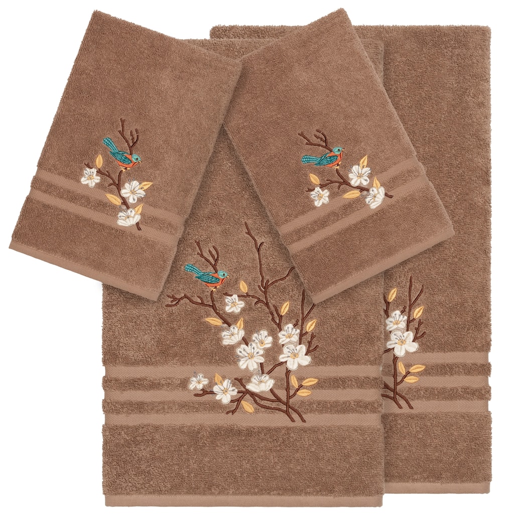 Authentic Hotel and Spa Turkish Cotton Blue Bird Embroidered Latte Brown 4-piece Towel Set