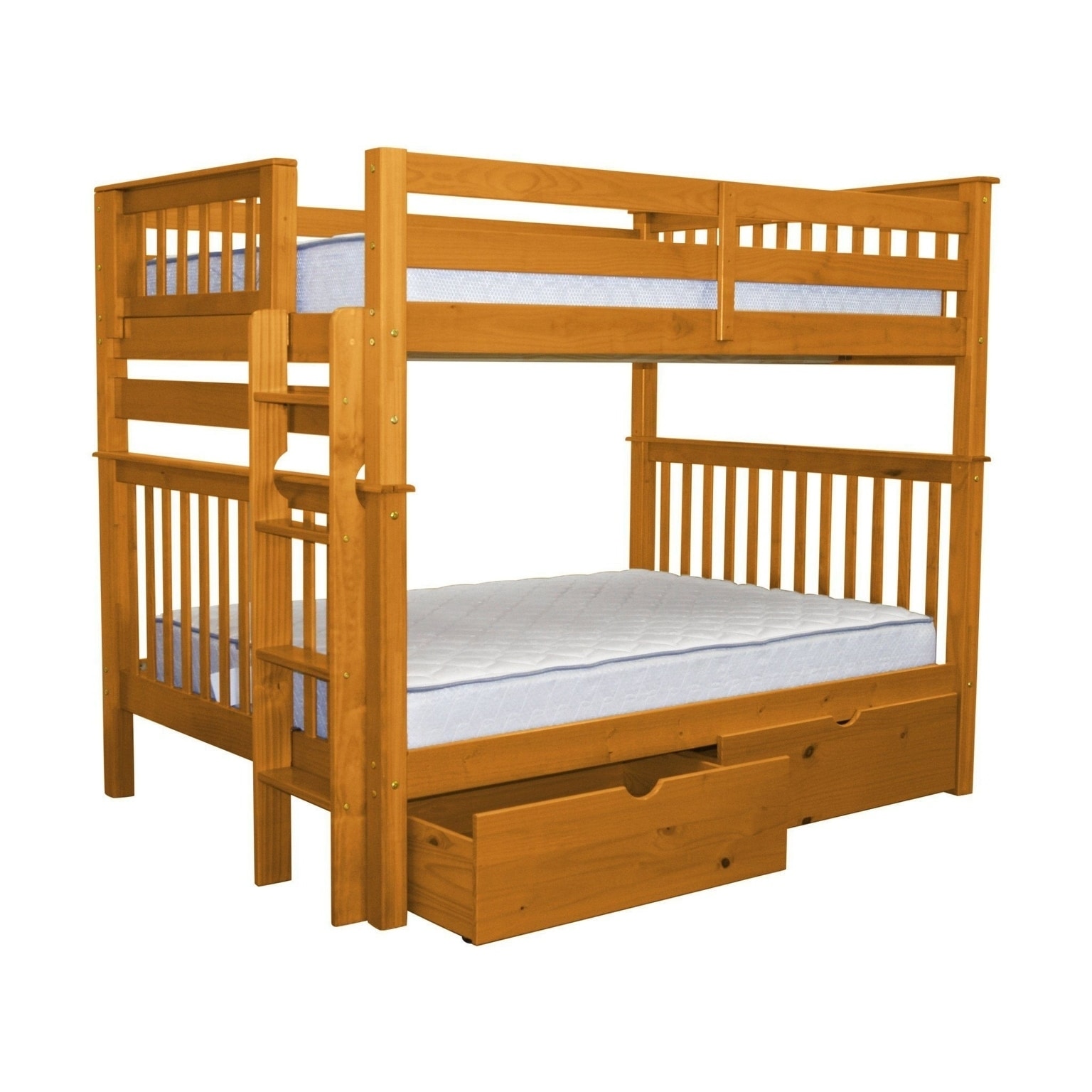 Bedz King Bunk Beds Full Over Full Mission Style With End Ladder And 2 Under Bed Drawers Honey Overstock 22548810