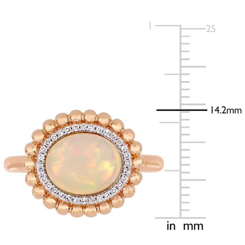 Miadora 14k Rose Gold Blue-Hued Ethiopian Opal and 1/10ct TDW Diamond Beaded Halo Cocktail Ring