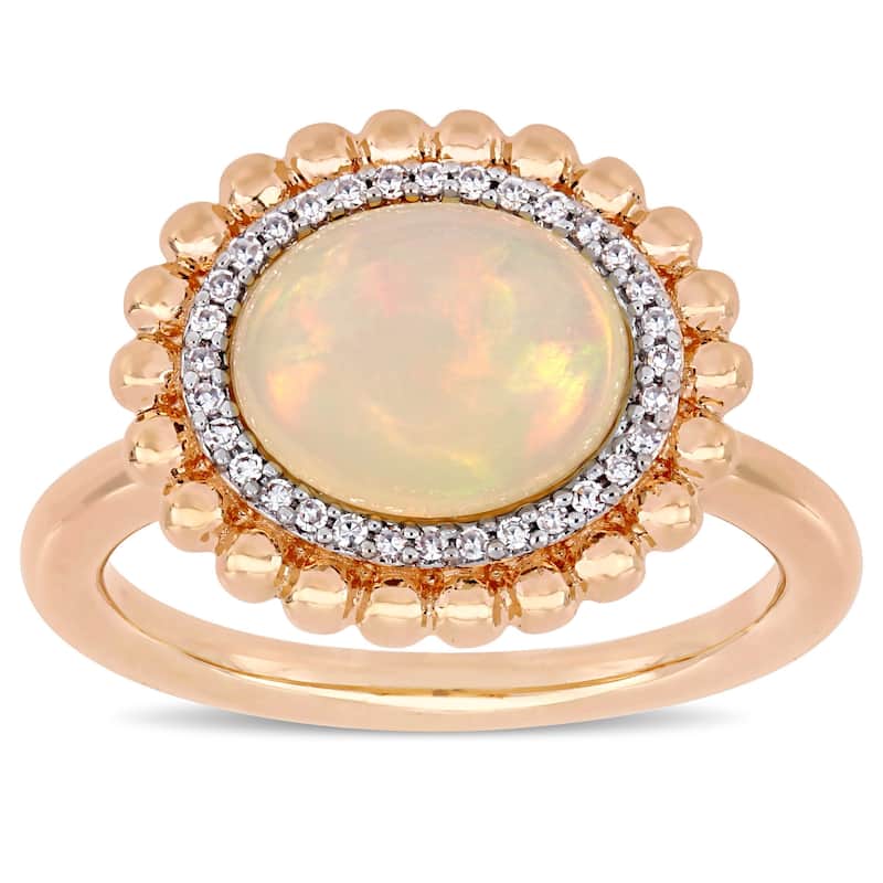 Miadora 14k Rose Gold Blue-Hued Ethiopian Opal and 1/10ct TDW Diamond Beaded Halo Cocktail Ring