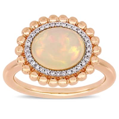 Miadora 14k Rose Gold Blue-Hued Ethiopian Opal and 1/10ct TDW Diamond Beaded Halo Cocktail Ring
