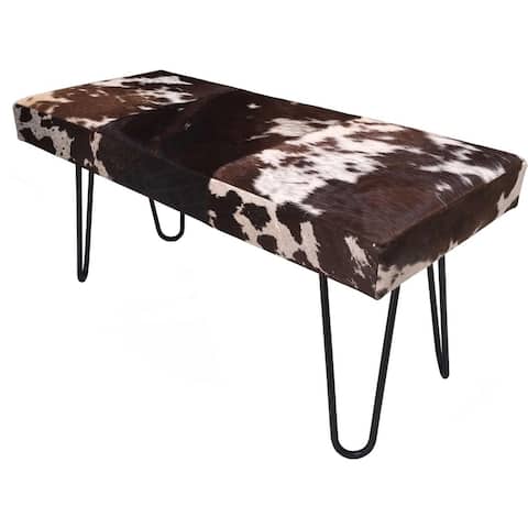 Modern Bench VIDA Upholstered in Brown & White Hide with Metal Legs