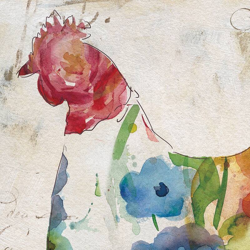 Flowered Hen & Rooster Watercolor by Carol Robinson Canvas Art Painting - 12x12x2