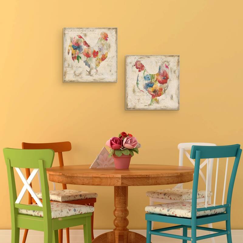 Flowered Hen & Rooster Watercolor by Carol Robinson Canvas Art Painting - 12x12x2