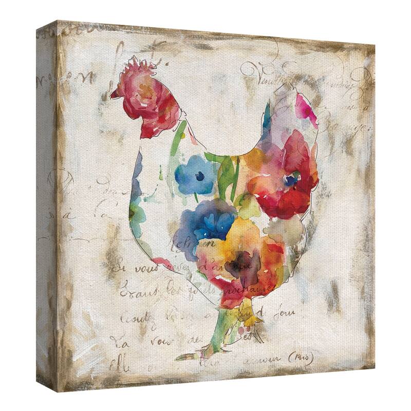 Flowered Hen & Rooster Watercolor by Carol Robinson Canvas Art Painting - 12x12x2