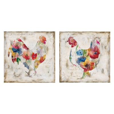 Flowered Hen & Rooster Watercolor by Carol Robinson Canvas Art Painting - 12x12x2