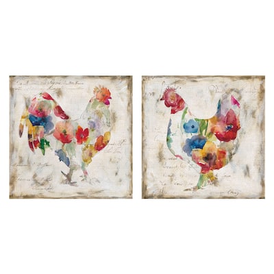 Flowered Hen & Rooster by Carol Robinson Canvas Art Painting Print Set - 20x20x2