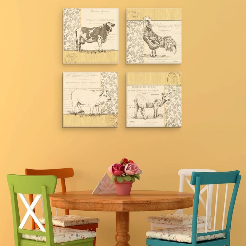 Vintage Farm Cow Rooster Pig Lamb by Debbie DeWitt Canvas Art Print Set of 4 - 12x12x4