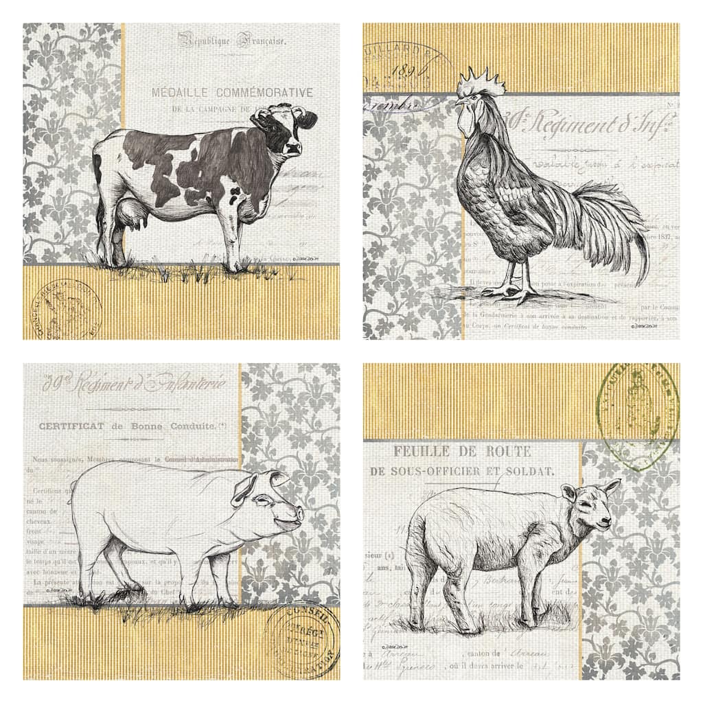 Vintage Farm Cow Rooster Pig Lamb by Debbie DeWitt Canvas Art Print Set of 4 - 12x12x4
