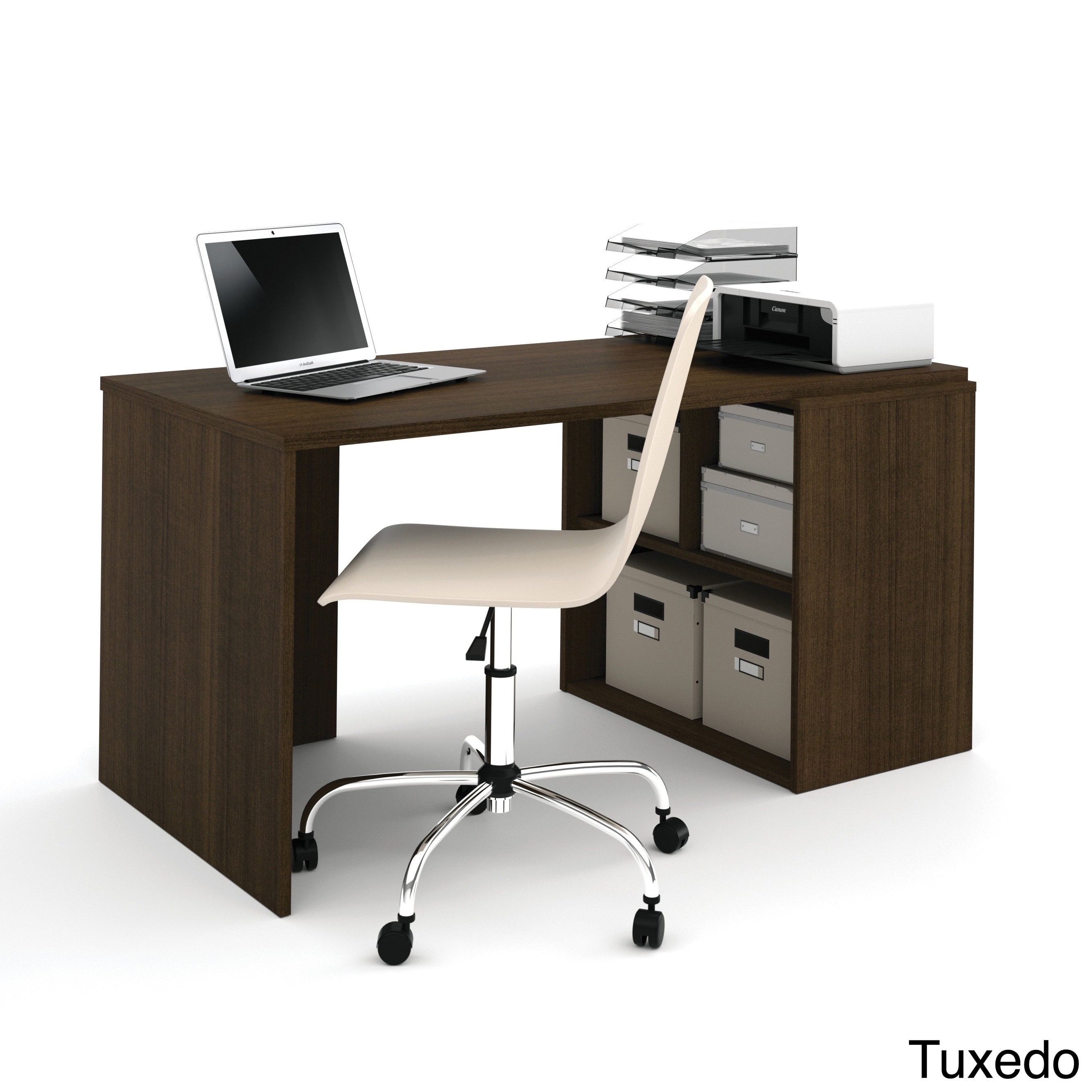 Tuxedo dark wood workstation desk with built-in storage cubbies.