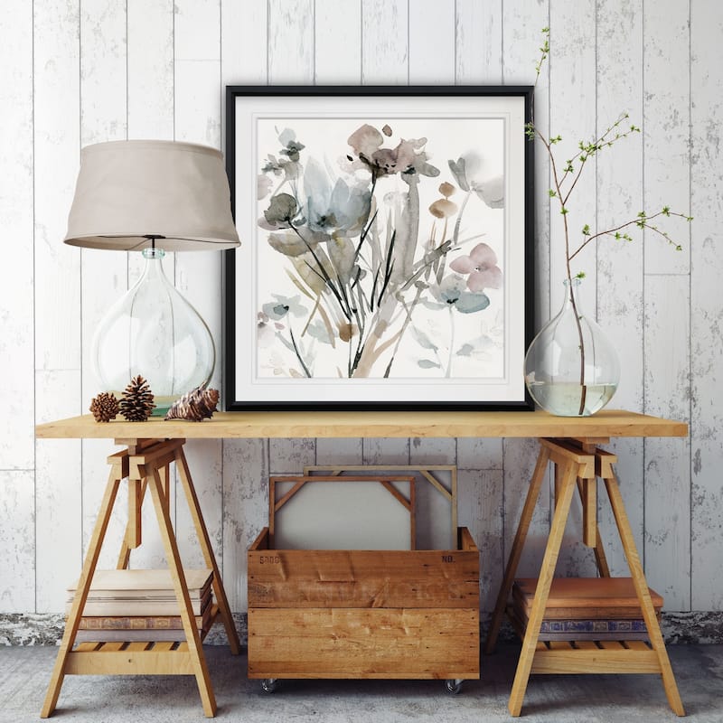 Dainty Blooms I -Custom Framed Print - blue, white, grey, yellow, green, silver, gold
