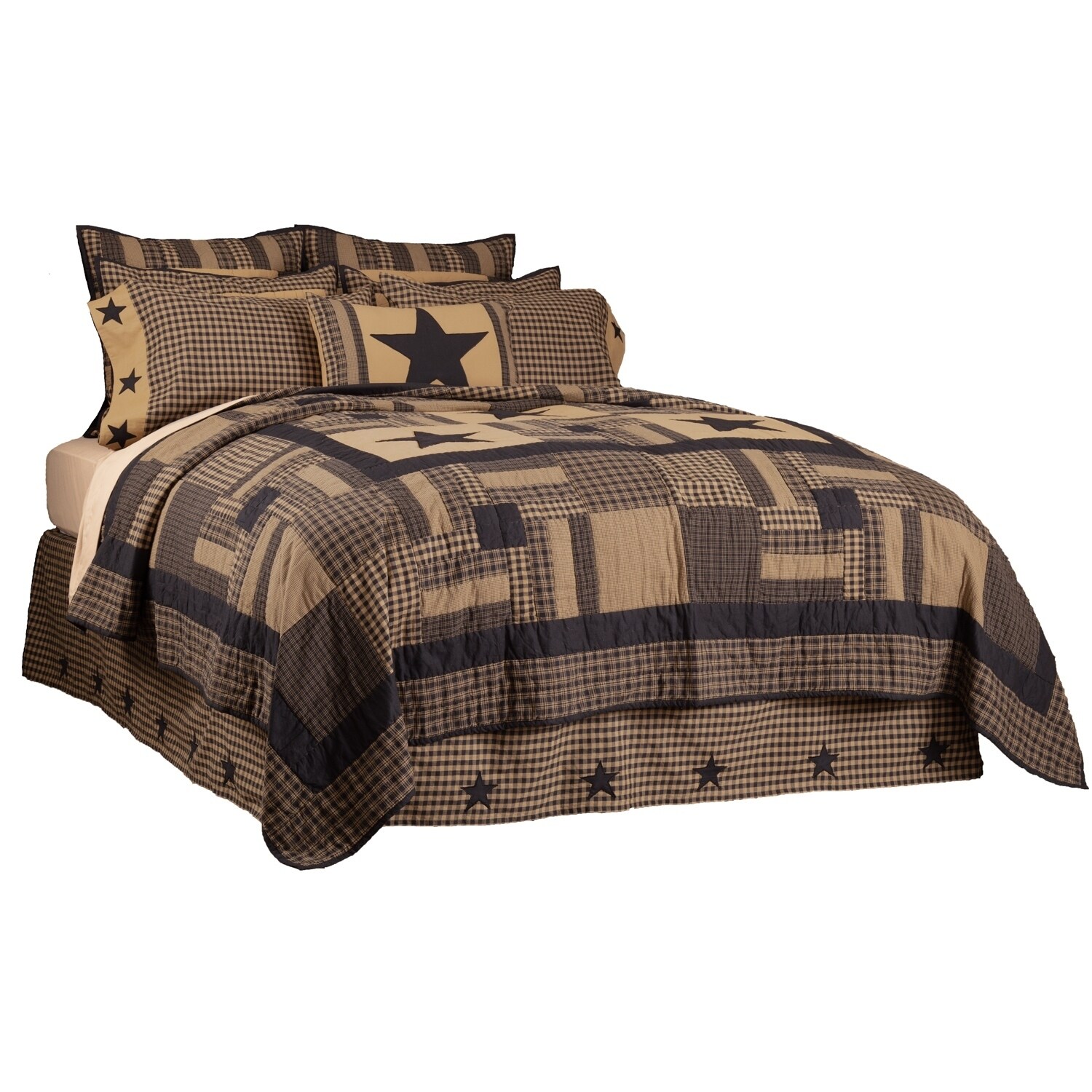 VHC Primitive Bed Skirt Black Check Star Bedding Black Cotton Star