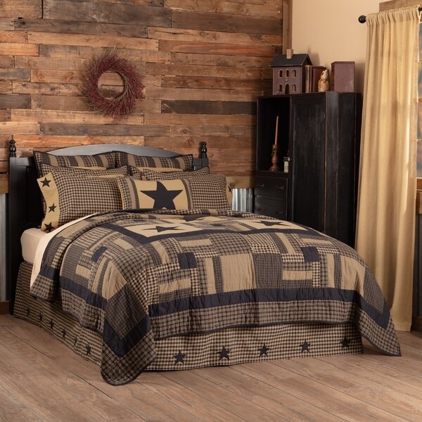 Black Primitive Bedding VHC Black Check Star Quilt Cotton Star Appliqued