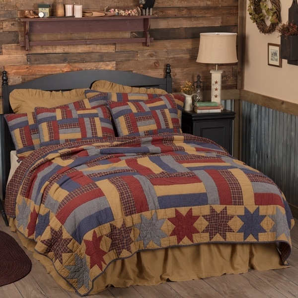 VHC Golden Tan Primitive Americana Bedding National Quilt Museum Kindred Stars and Bars Star Quilt