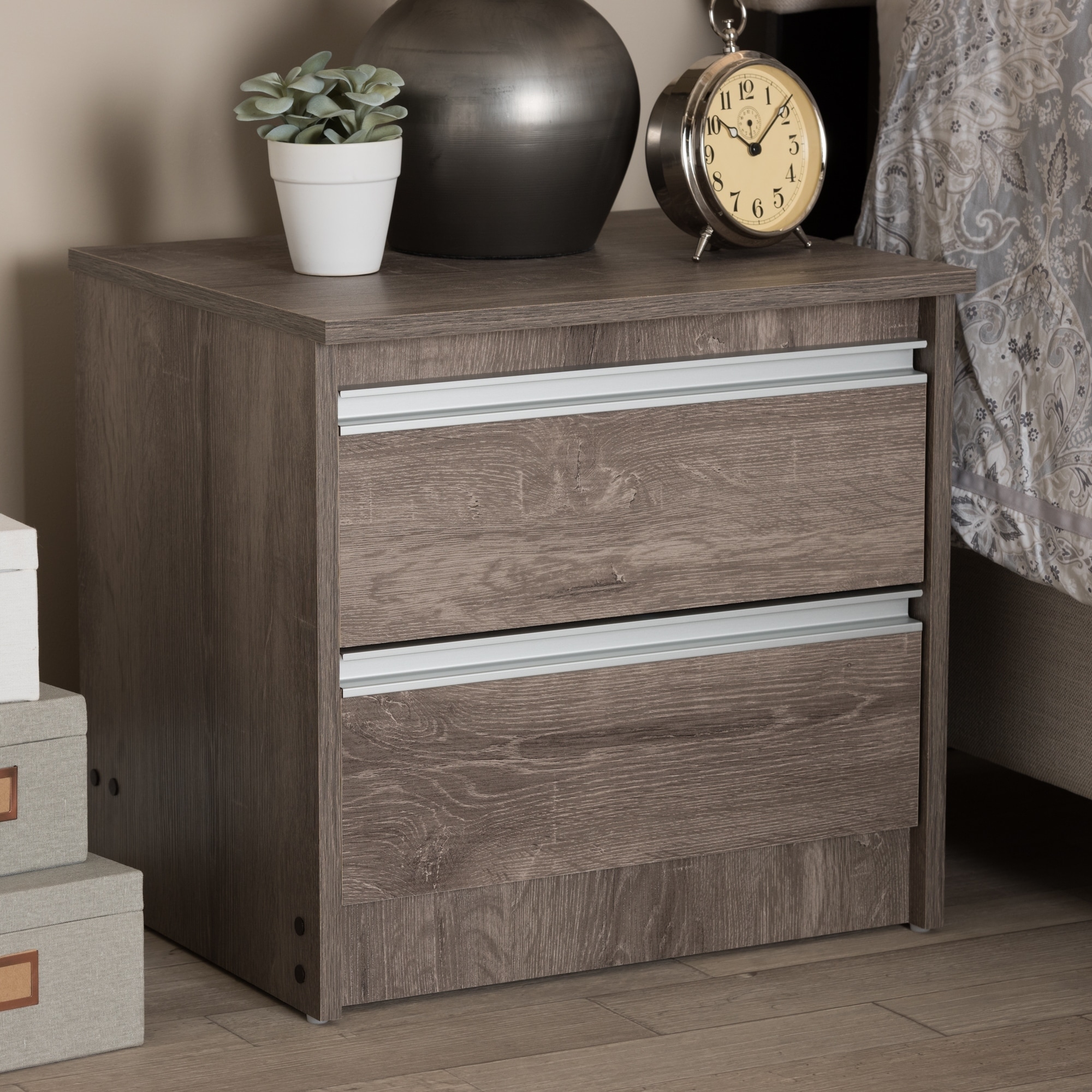 Contemporary Oak Brown 2 Drawer Nightstand by Baxton Studio On