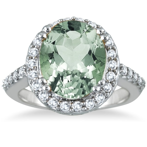 sizes 5-10 10K White Gold Round 3-Stone Natural Green Amethyst Ring Diamond Accent