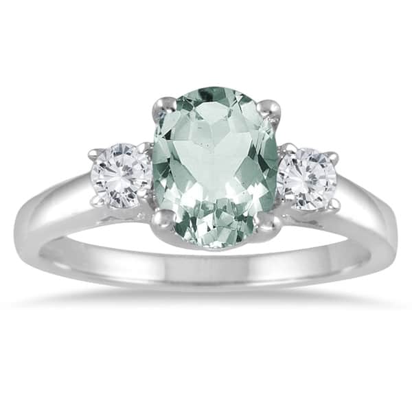 slide 1 of 2, 1 3/4 Green Amethyst and Diamond Three Stone Ring 14K White Gold