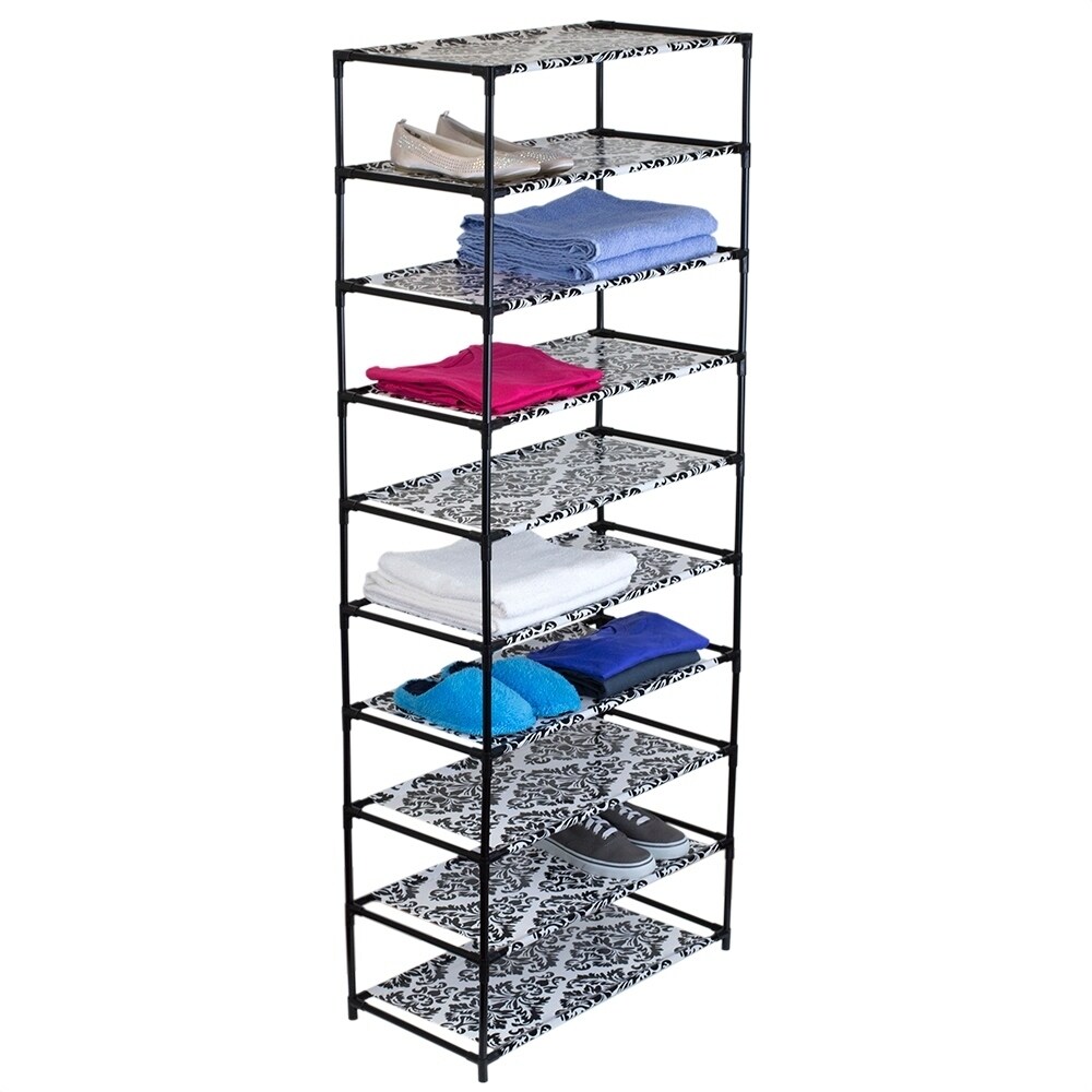 Shop Black Friday Deals On Home Basics Black Damask 10 Tier 30 Pair Plastic And Metal Shoe Rack Overstock 22580660