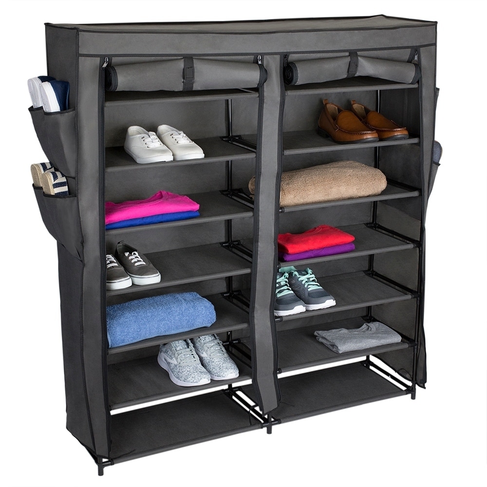 Home Basics 8 Tier Portable Polyester Shoe Closet, Grey, STORAGE  ORGANIZATION