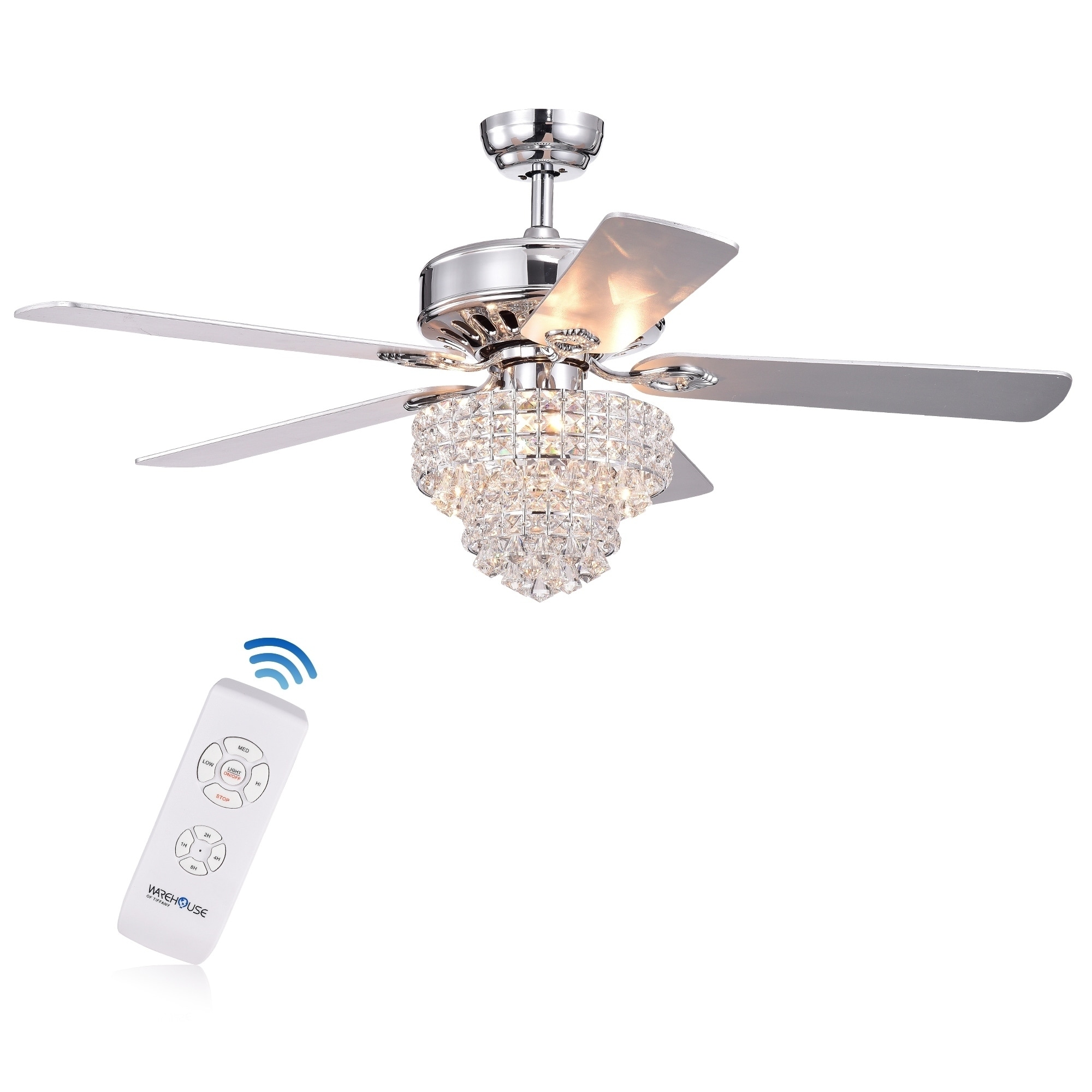 Bryanya 5 Blade 52 Inch Chrome Lighted Ceiling Fans With Crystal Shade