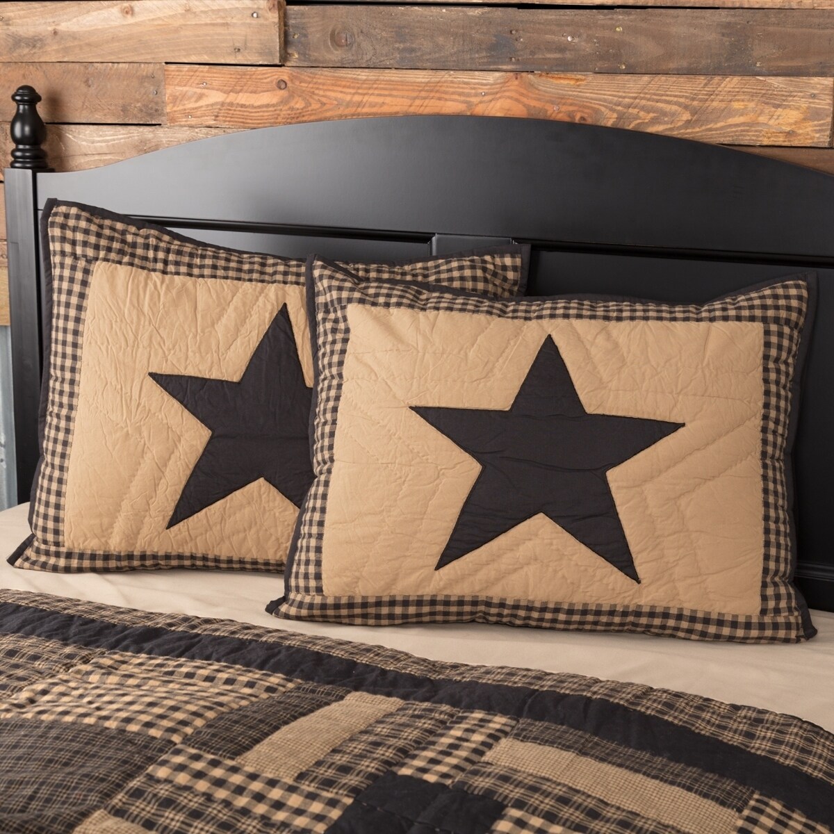 VHC Primitive Bed Skirt Black Check Star Bedding Black Cotton Star