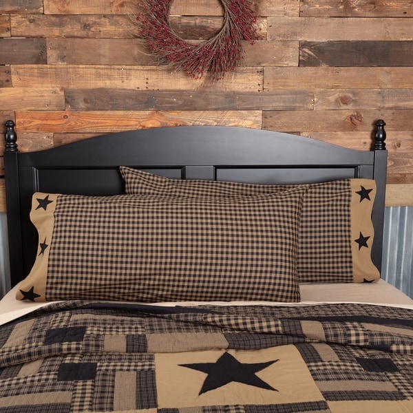 Black Primitive Bedding VHC Black Check Star Pillow Case Set of 2 Cotton Star Appliqued