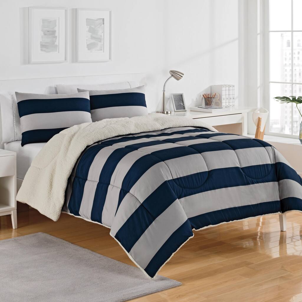 IZOD Rugby Stripe Grey/Navy Sherpa Comforter Set