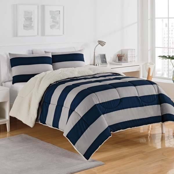 Shop IZOD Rugby Stripe Grey/Navy Sherpa Comforter Set ...