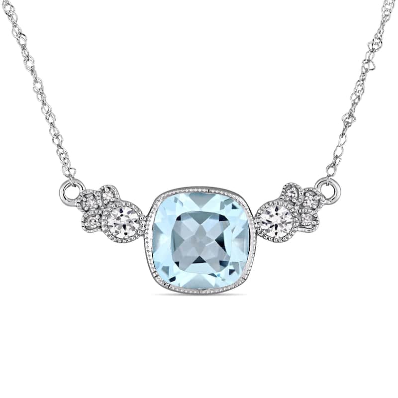 Miadora 10k White Gold Sky Blue Topaz Created White Sapphire and Diamond Station Necklace