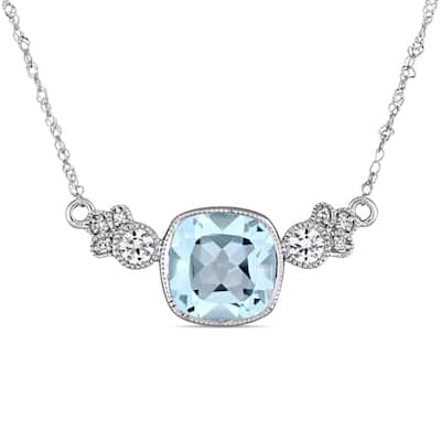 Miadora 10k White Gold Sky Blue Topaz Created White Sapphire and Diamond Station Necklace